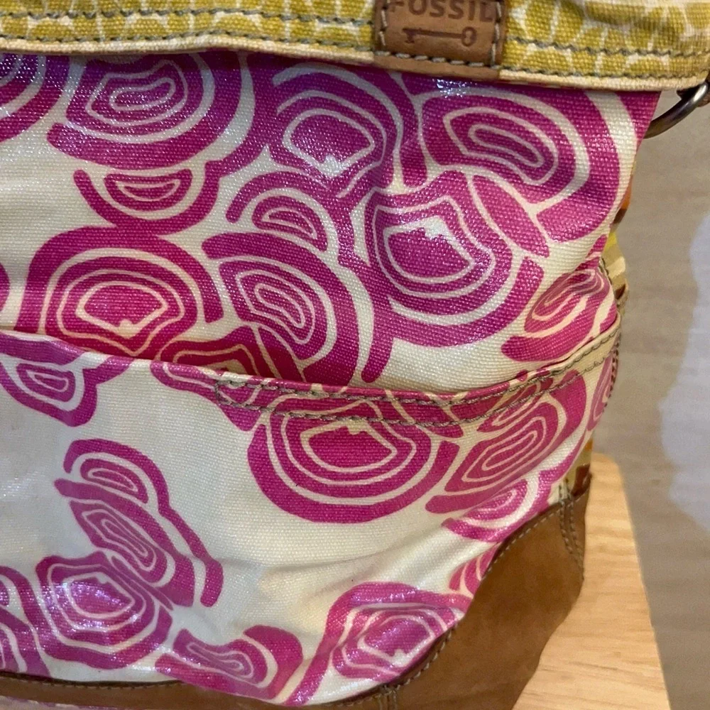 FOSSIL Key Per Coated Canvas Leather Trim Multi Pattern Hobo  Purse